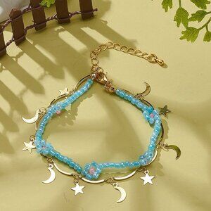 NWOT Brass Moon & Star Charms, Seed Flower Double Multi-strand Bracelet